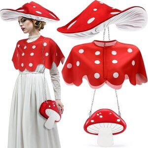 Set of 3 Mushroom Costume Accessories for Women Beret Hat Cape Shawl Shoulder Ba